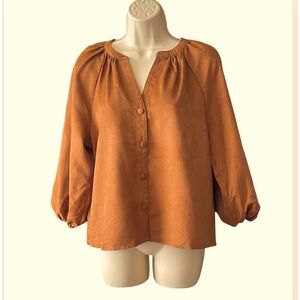 New Marc New York Womens Brown Balloon Sleeve Faux Suede Blouse Size S Button Up